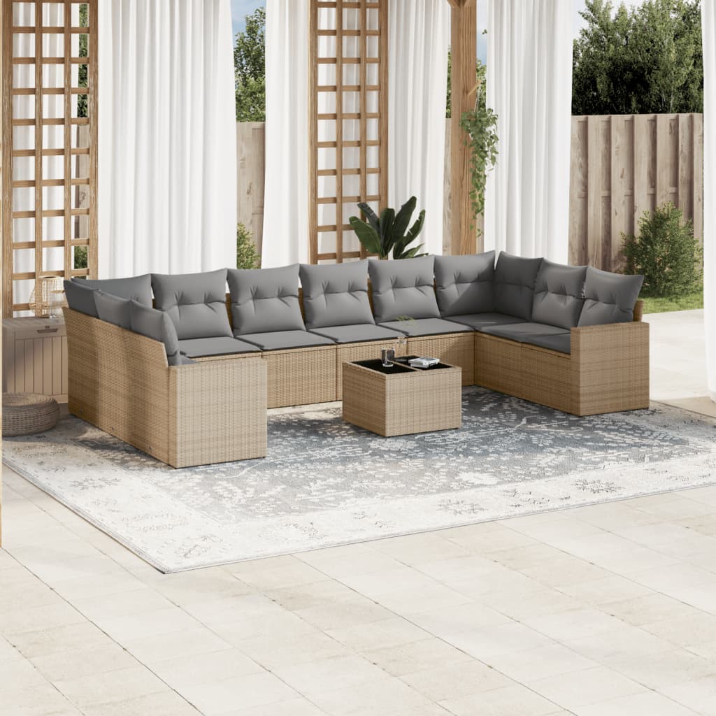 Set Divani da Giardino 11 pz con Cuscini Beige in Polyrattan - homemem39