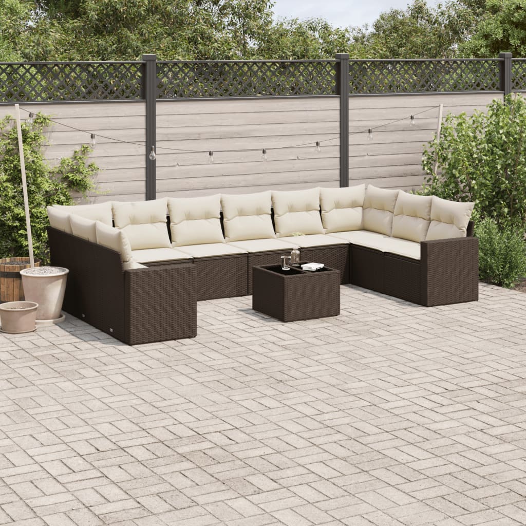 Set Divani da Giardino 11 pz con Cuscini Polyrattan Marrone