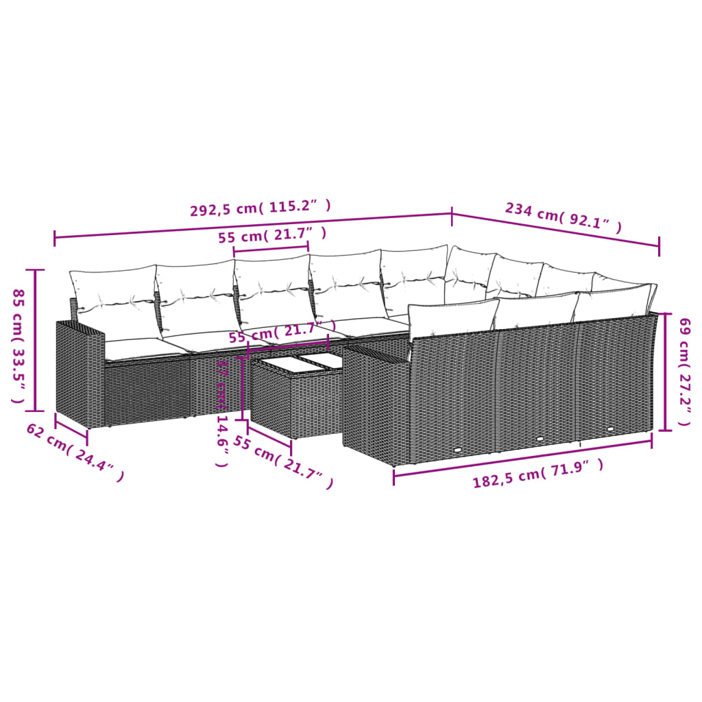 Set Divani da Giardino 11 pz con Cuscini in Polyrattan Nero - homemem39