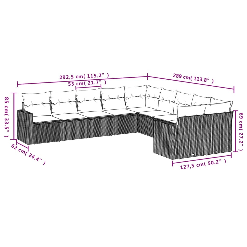 Set Divano da Giardino 10 pz con Cuscini Grigio in Polyrattan - homemem39