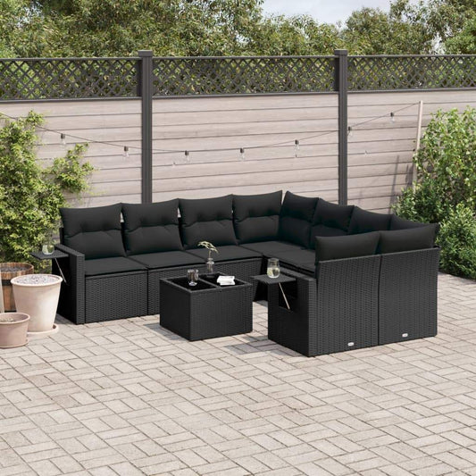 Set Divani da Giardino 9 pz con Cuscini Nero in Polyrattan - homemem39