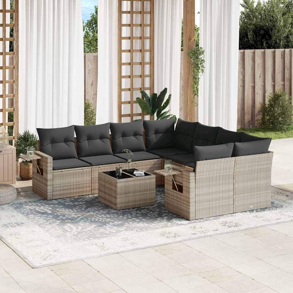 Set Divano da Giardino 9pz con Cuscini Grigio Chiaro Polyrattan - homemem39