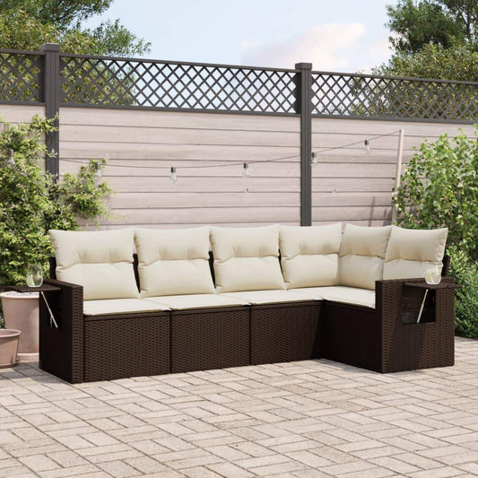 Set Divano da Giardino 5 pz con Cuscini Marrone in Polyrattan - homemem39