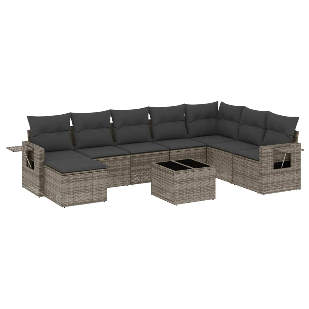 Set Divano da Giardino 9 pz con Cuscini Grigio in Polyrattan