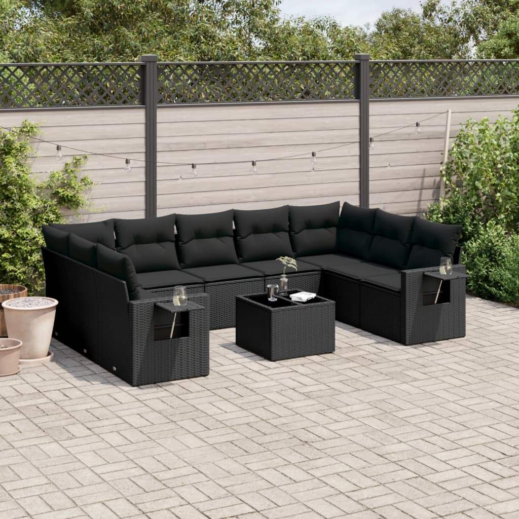 Set Divani da Giardino 10pz con Cuscini in Polyrattan Nero - homemem39