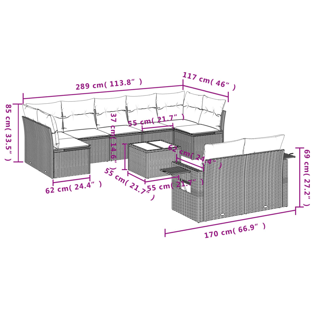 Set Divano da Giardino 10 pz con Cuscini Beige in Polyrattan | homemem39
