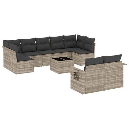 Set Divano Giardino 10 pz con Cuscini Grigio Chiaro Polyrattan - homemem39