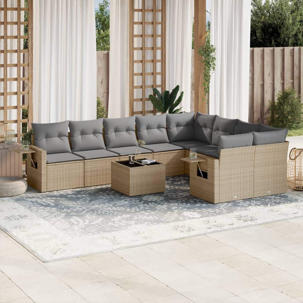 Set Divano da Giardino 10 pz con Cuscini Beige in Polyrattan - homemem39