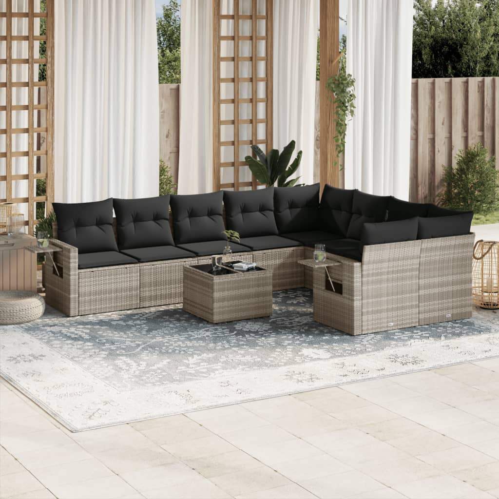 Set Divano Giardino 10 pz con Cuscini Grigio Chiaro Polyrattan - homemem39