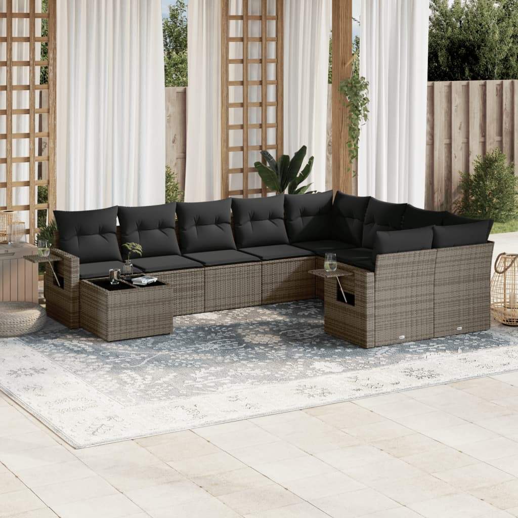 Set Divano da Giardino 10 pz con Cuscini Grigio in Polyrattan - homemem39