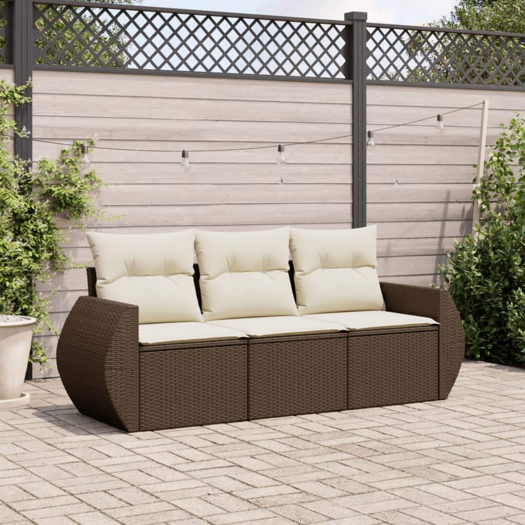 Set Divano da Giardino 3 pz con Cuscini Marrone in Polyrattan - homemem39