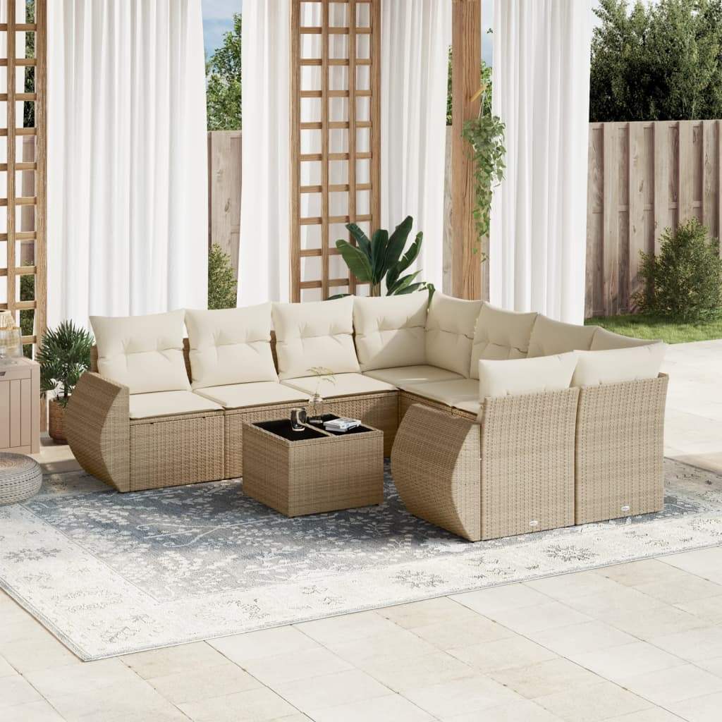 Set Divano da Giardino 9 pz con Cuscini Beige in Polyrattan - homemem39