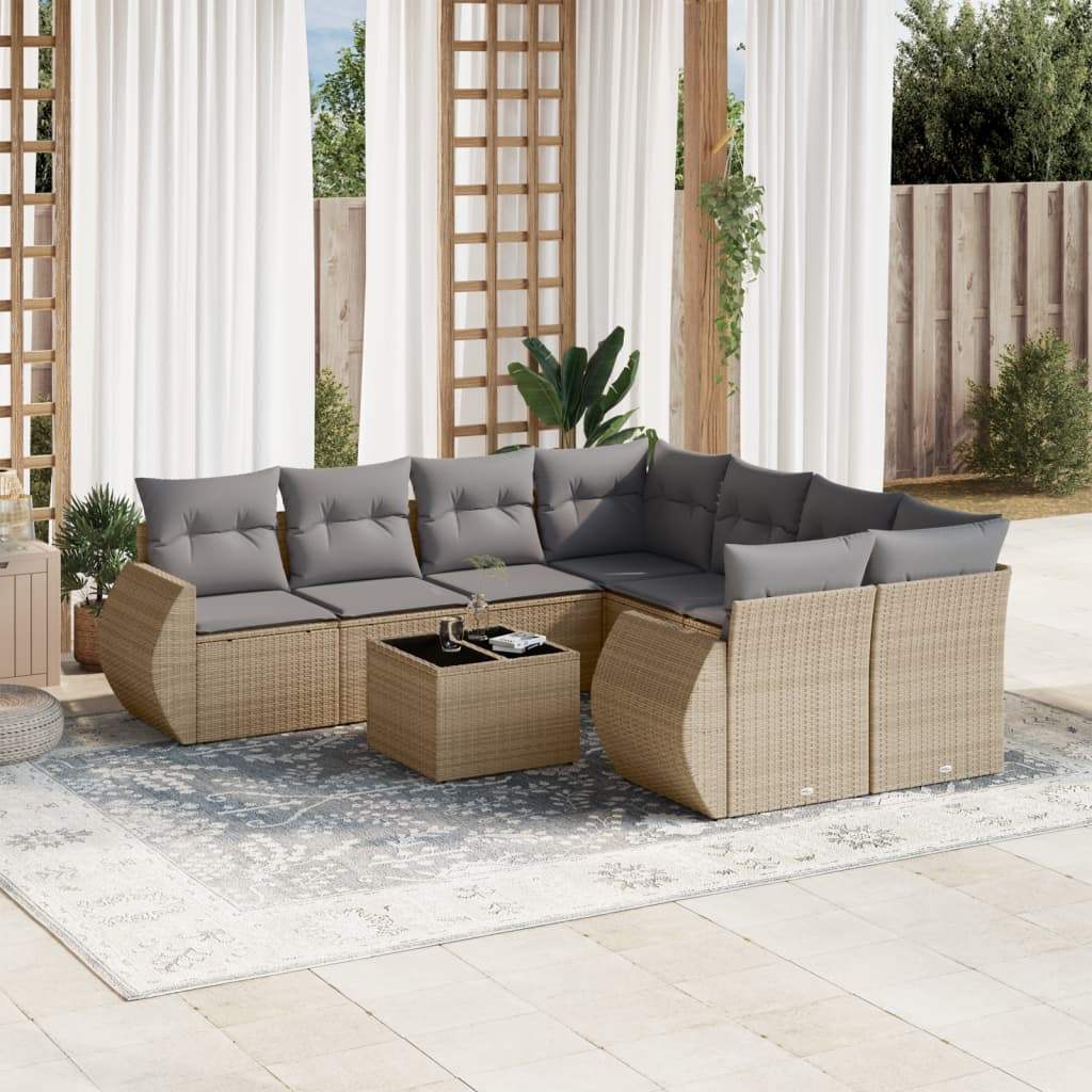 Set Divano da Giardino 9 pz con Cuscini Beige in Polyrattan - homemem39