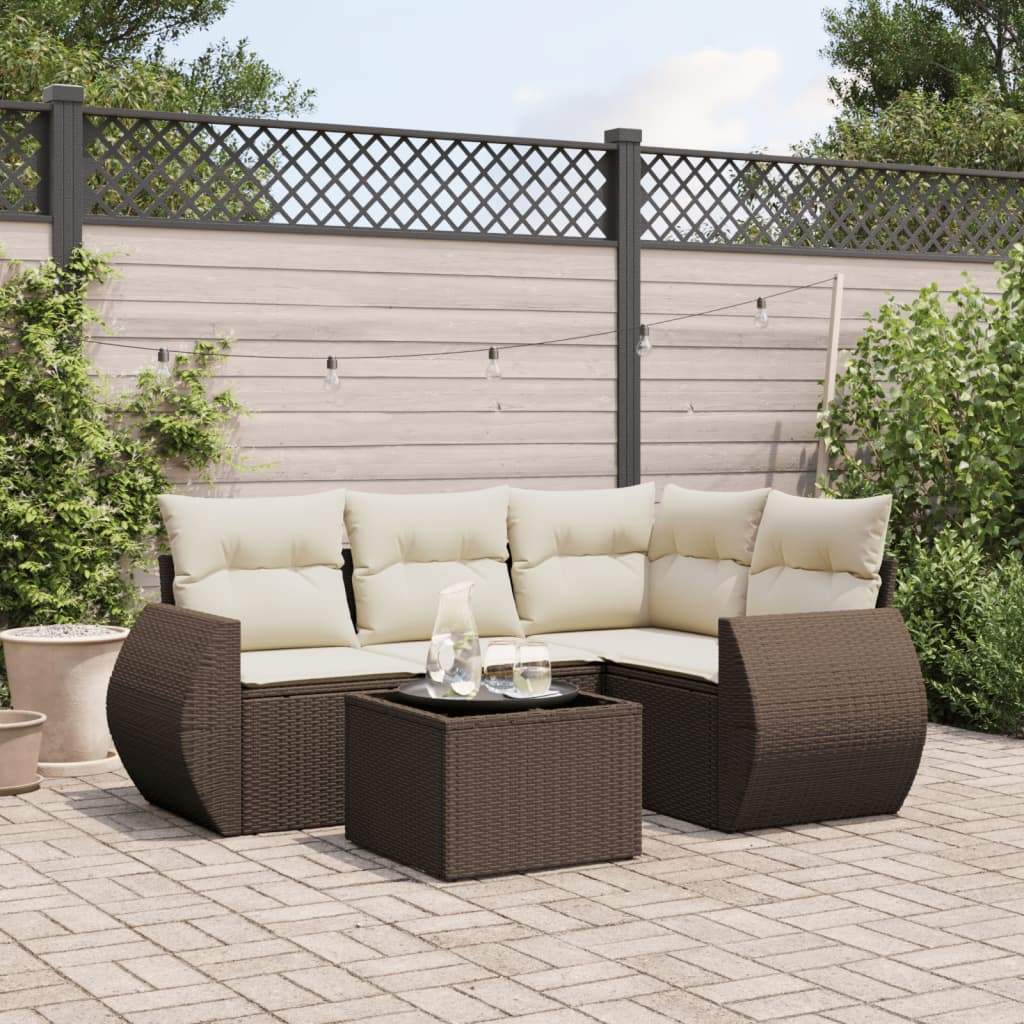 Set Divano da Giardino 5 pz con Cuscini Marrone in Polyrattan - homemem39
