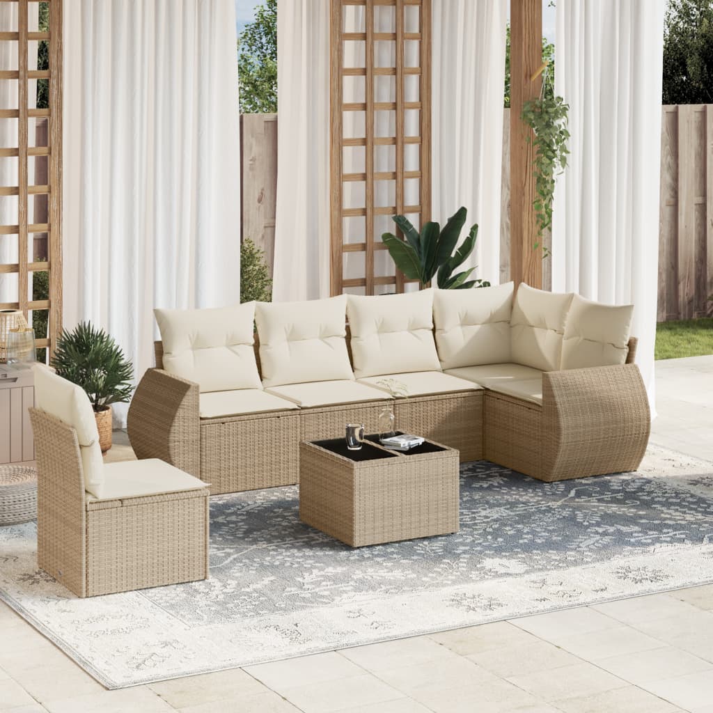 Set Divani da Giardino 7 pz con Cuscini Beige in Polyrattan | homemem39