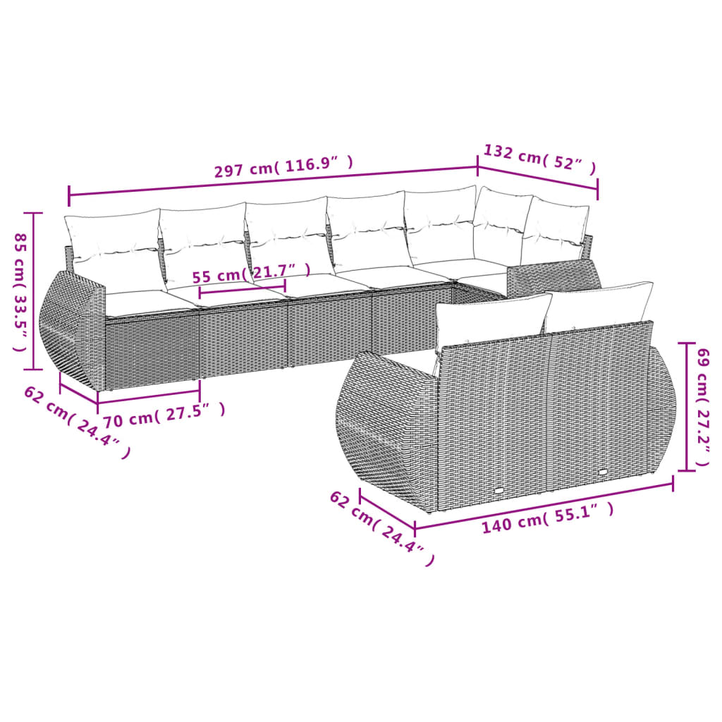 Set Divano da Giardino 8 pz con Cuscini Beige in Polyrattan | homemem39