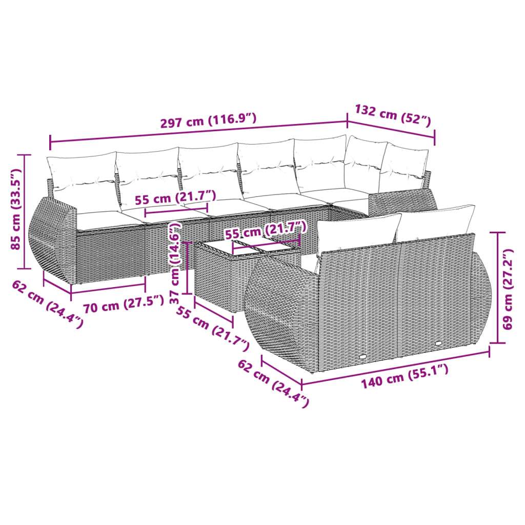 Set Divano da Giardino 9pz con Cuscini Grigio Chiaro Polyrattan - homemem39