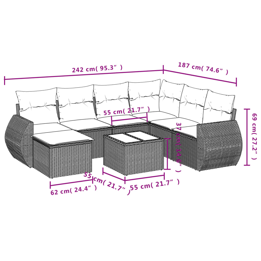 Set Divano da Giardino 8 pz con Cuscini Beige in Polyrattan | homemem39