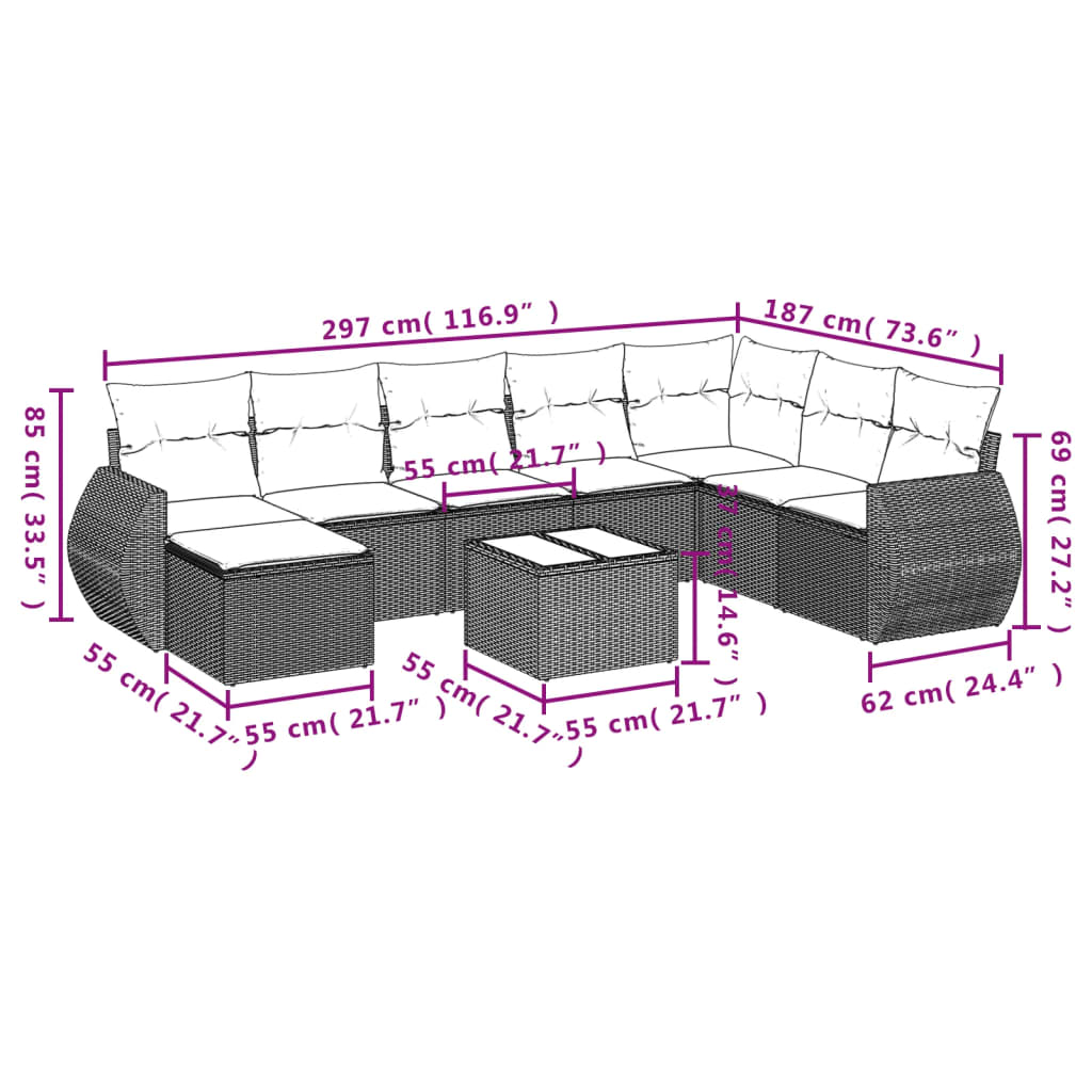 Set Divani da Giardino 9 pz con Cuscini Nero in Polyrattan | homemem39