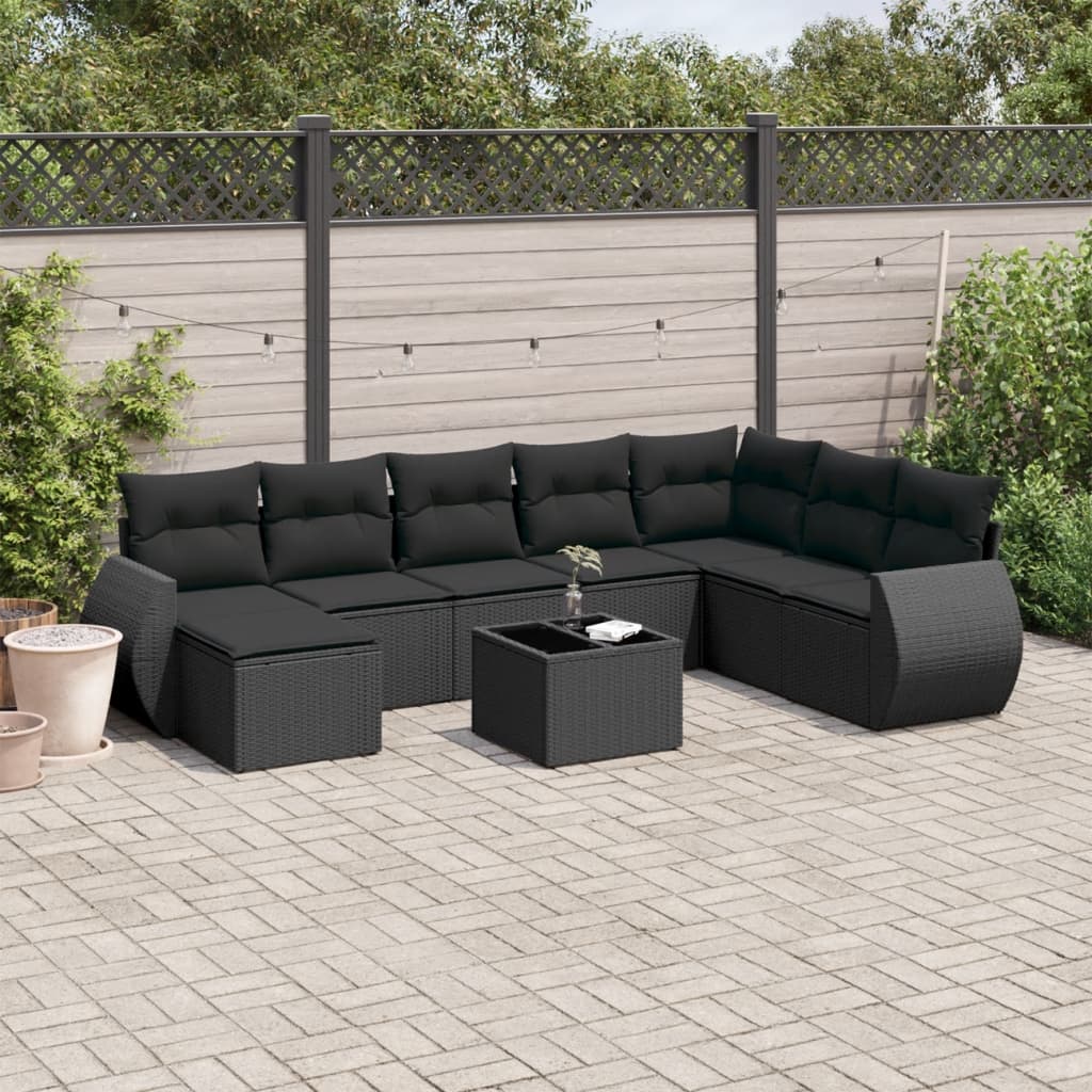 Set Divani da Giardino 9 pz con Cuscini Nero in Polyrattan | homemem39