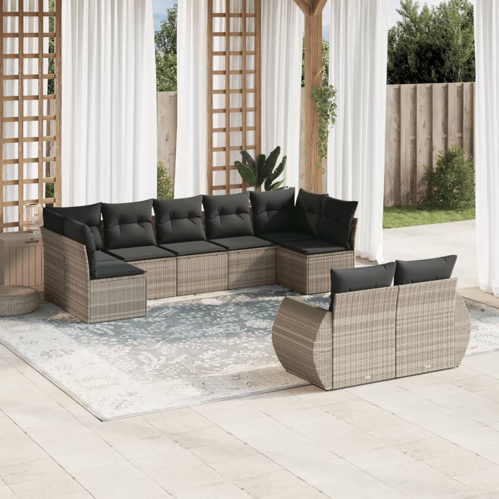 Set Divano da Giardino 9pz con Cuscini Grigio Chiaro Polyrattan