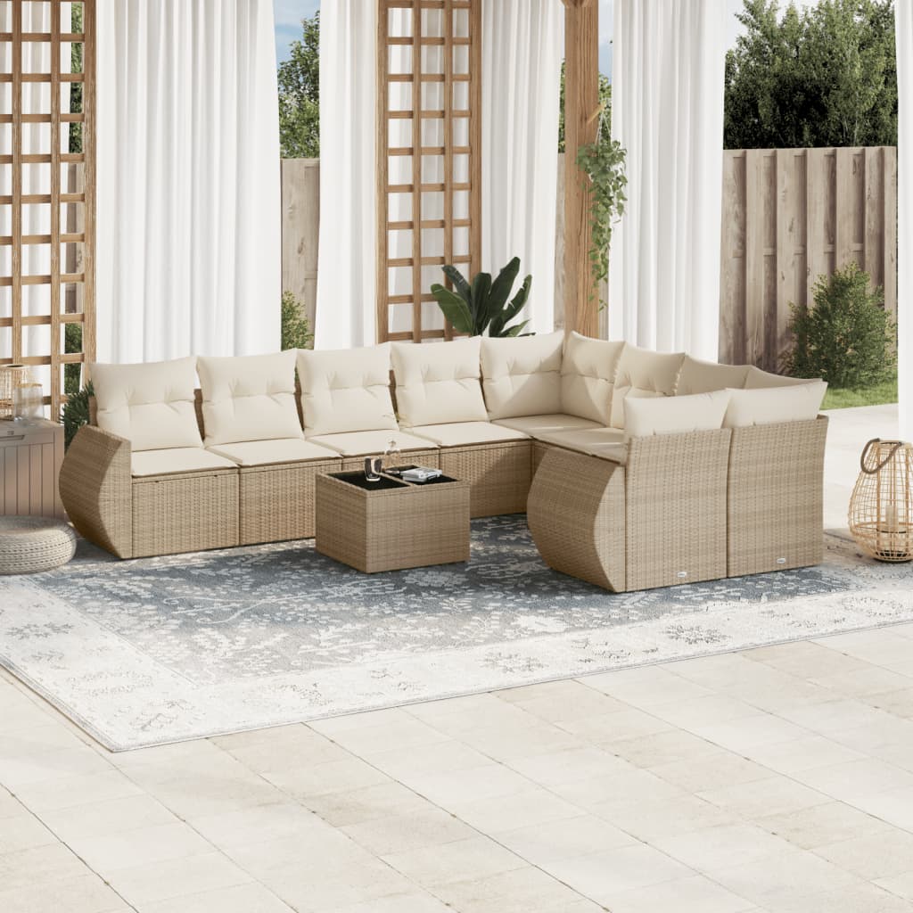Set Divano da Giardino 10 pz con Cuscini Beige in Polyrattan | homemem39