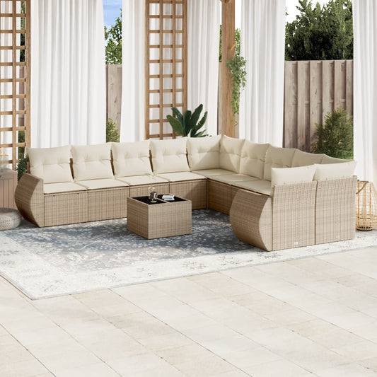 Set Divani da Giardino 11 pz con Cuscini Beige in Polyrattan