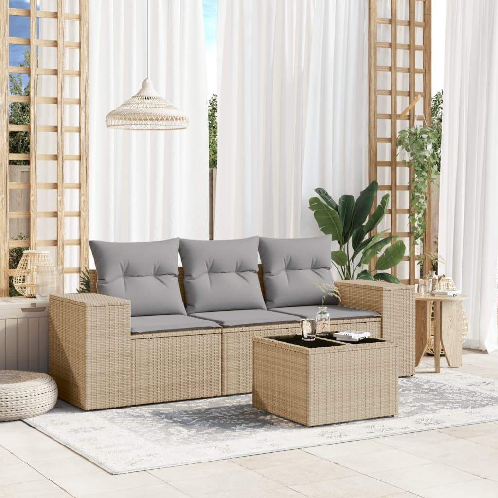 Set Divano da Giardino 4 pz con Cuscini Beige in Polyrattan - homemem39