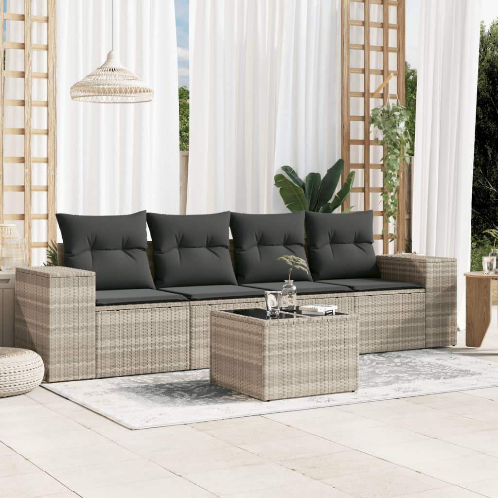 Set Divano da Giardino 5pz con Cuscini Grigio Chiaro Polyrattan - homemem39