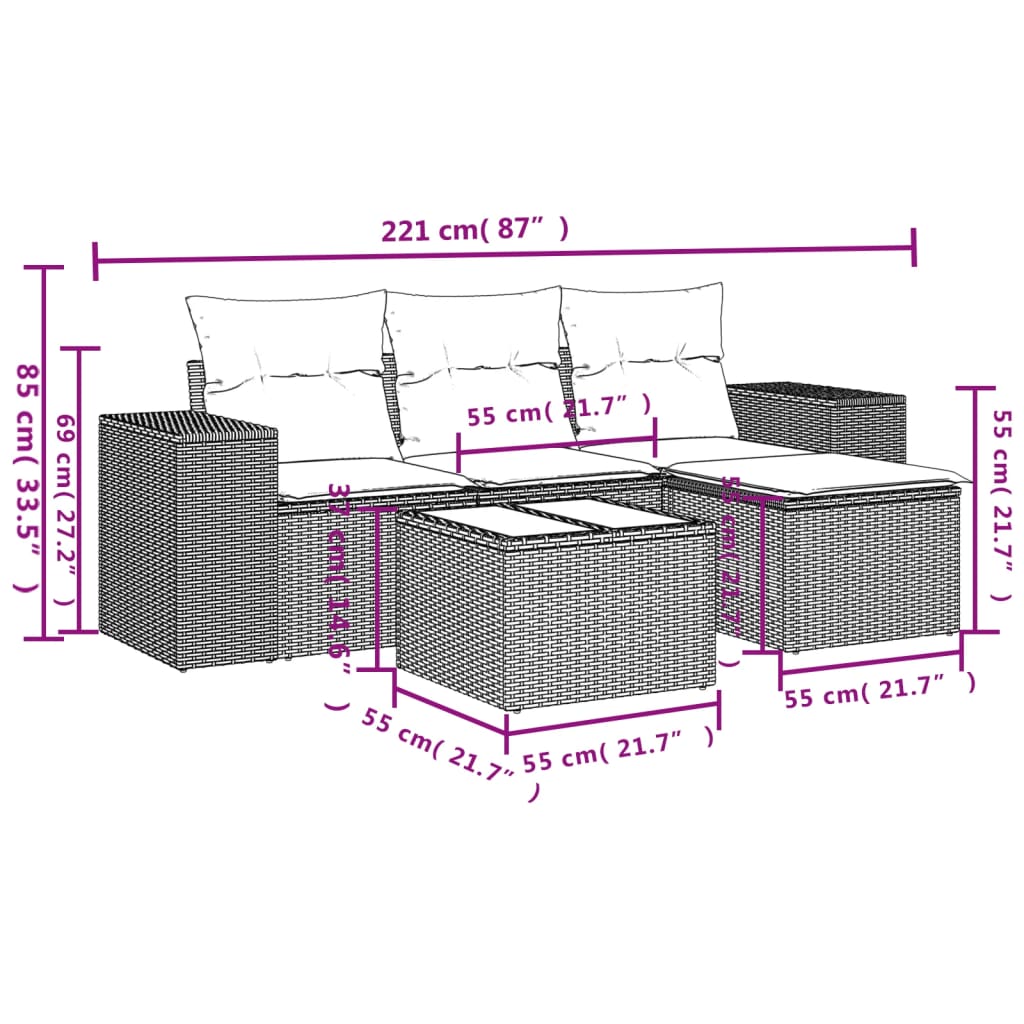 Set Divano da Giardino 5 pz con Cuscini Beige in Polyrattan | homemem39