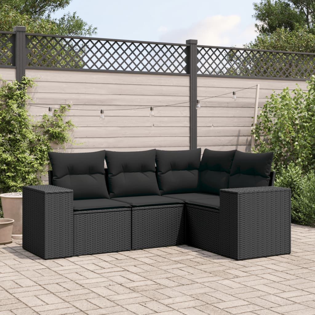 Set Divani da Giardino 4 pz con Cuscini Nero in Polyrattan | homemem39