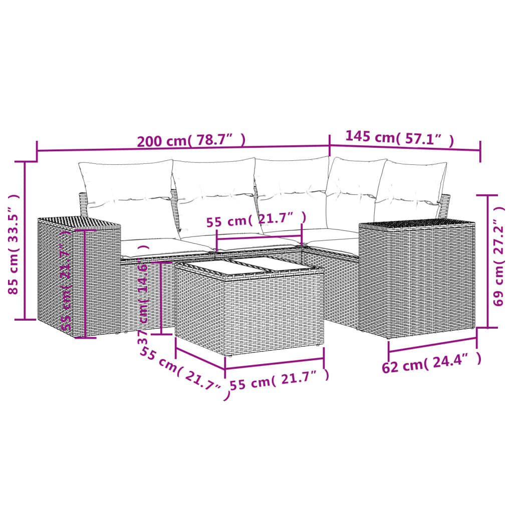 Set Divani da Giardino 5 pz con Cuscini in Polyrattan Nero | homemem39