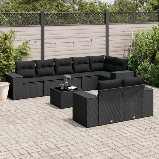 Set Divani da Giardino 9 pz con Cuscini Nero in Polyrattan | homemem39