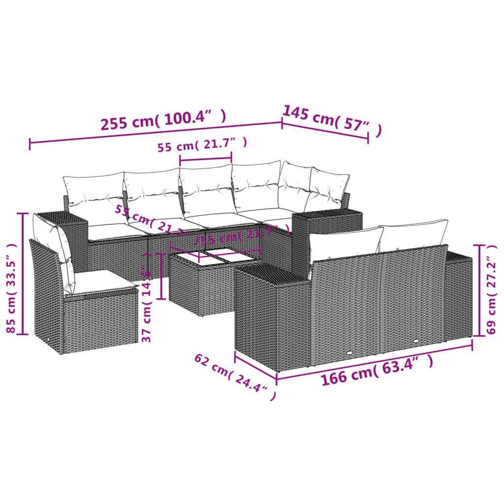 Set Divani da Giardino 9 pz con Cuscini Nero in Polyrattan | homemem39