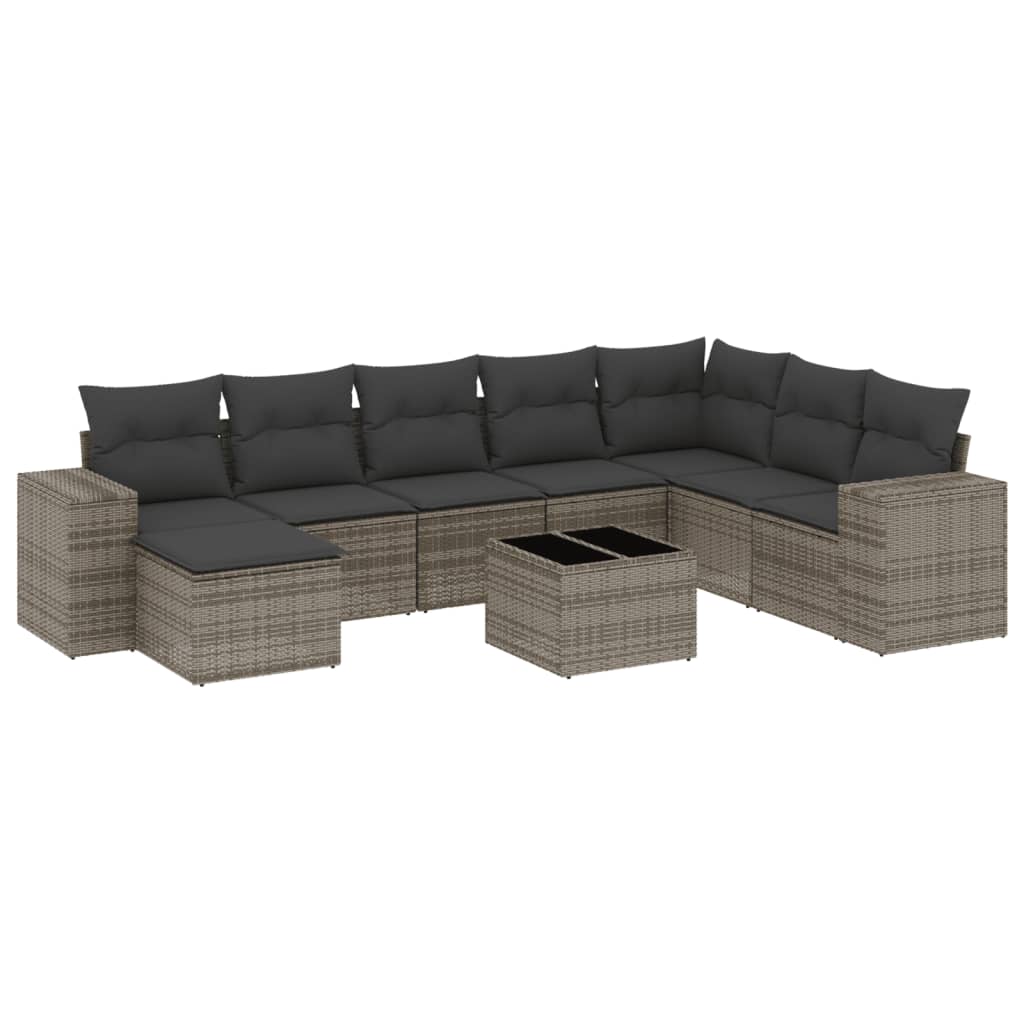 Set Divano da Giardino 9 pz con Cuscini Grigio in Polyrattan