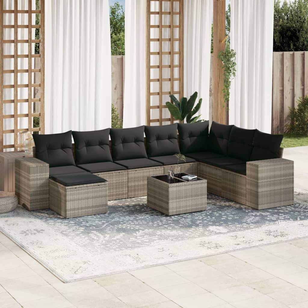 Set Divano da Giardino 9pz con Cuscini Grigio Chiaro Polyrattan - homemem39