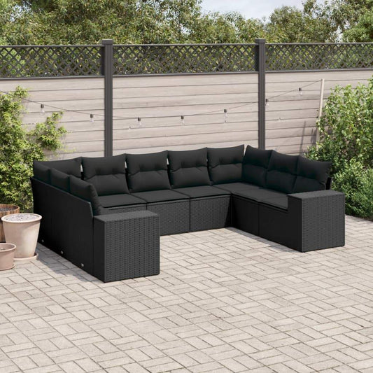 Set Divani da Giardino 9 pz con Cuscini Nero in Polyrattan - homemem39