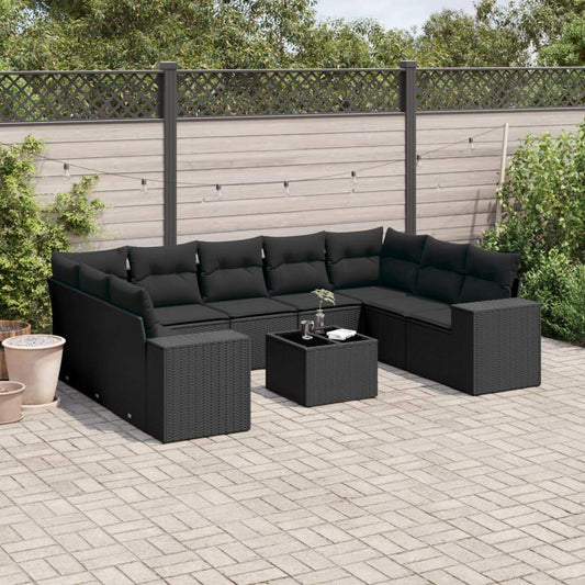 Set Divani da Giardino 10pz con Cuscini in Polyrattan Nero - homemem39