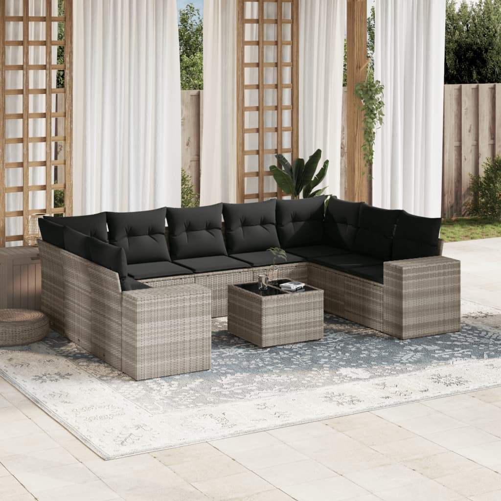 Set Divano Giardino 10 pz con Cuscini Grigio Chiaro Polyrattan - homemem39