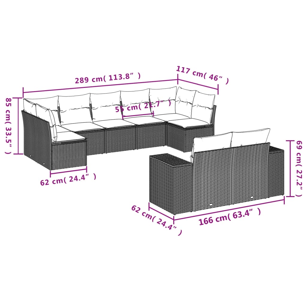 Set Divano da Giardino 9 pz con Cuscini Beige in Polyrattan | homemem39