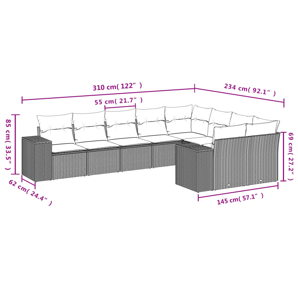 Set Divano da Giardino 9 pz con Cuscini Beige in Polyrattan | homemem39