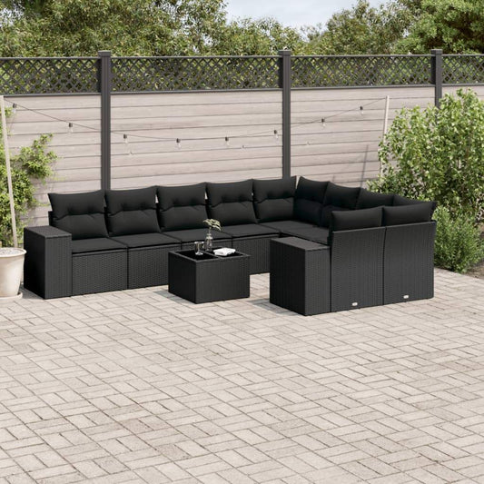 Set Divani da Giardino 10pz con Cuscini in Polyrattan Nero - homemem39