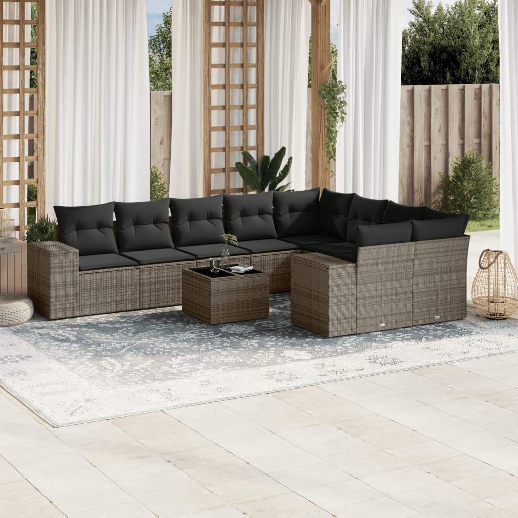 Set Divano da Giardino 10 pz con Cuscini Grigio in Polyrattan - homemem39