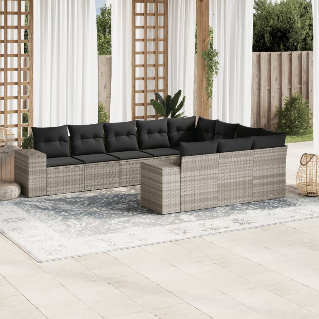Set Divano Giardino 10 pz con Cuscini Grigio Chiaro Polyrattan