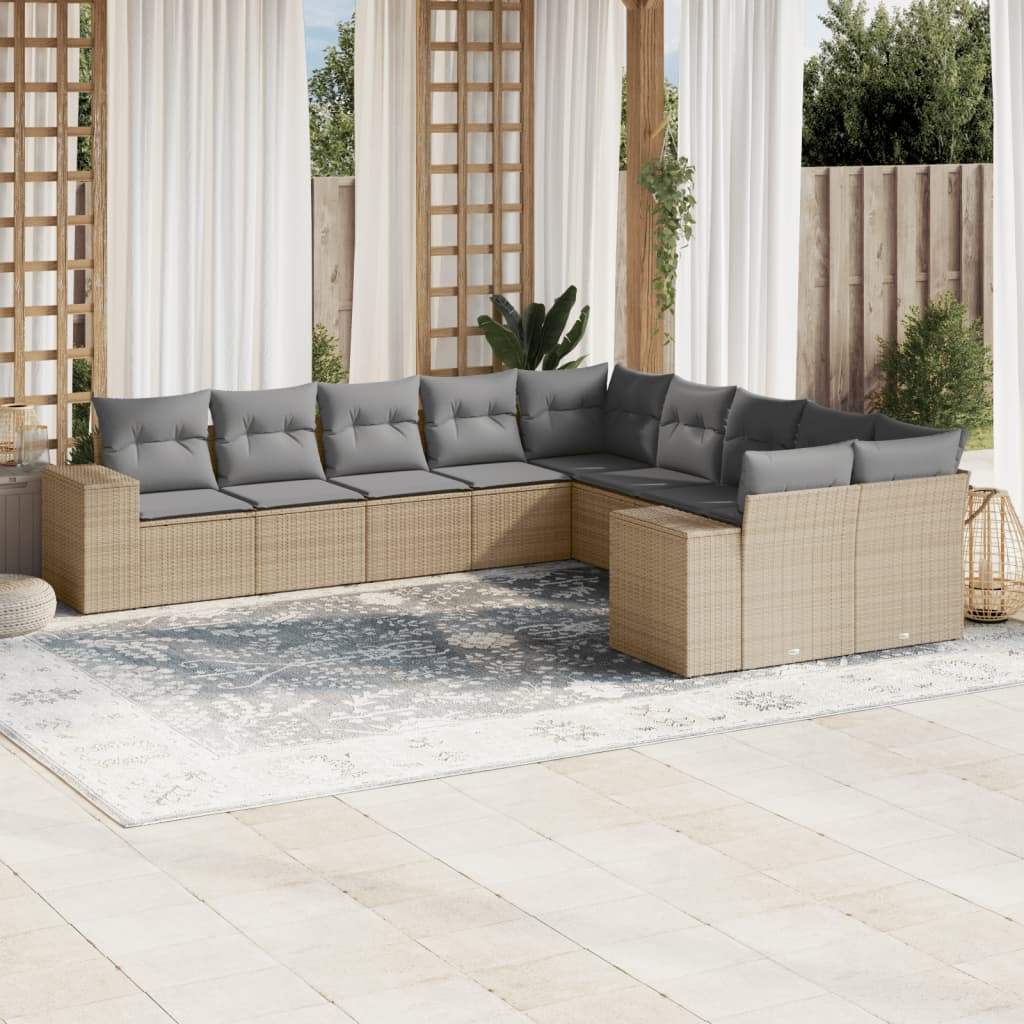 Set Divano da Giardino 10 pz con Cuscini Beige in Polyrattan - homemem39