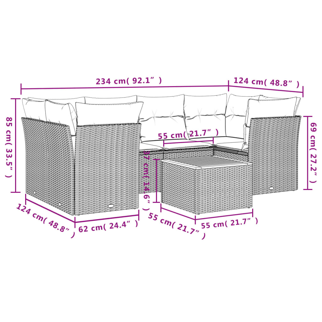 Set Divani da Giardino 7 pz con Cuscini Beige in Polyrattan | homemem39