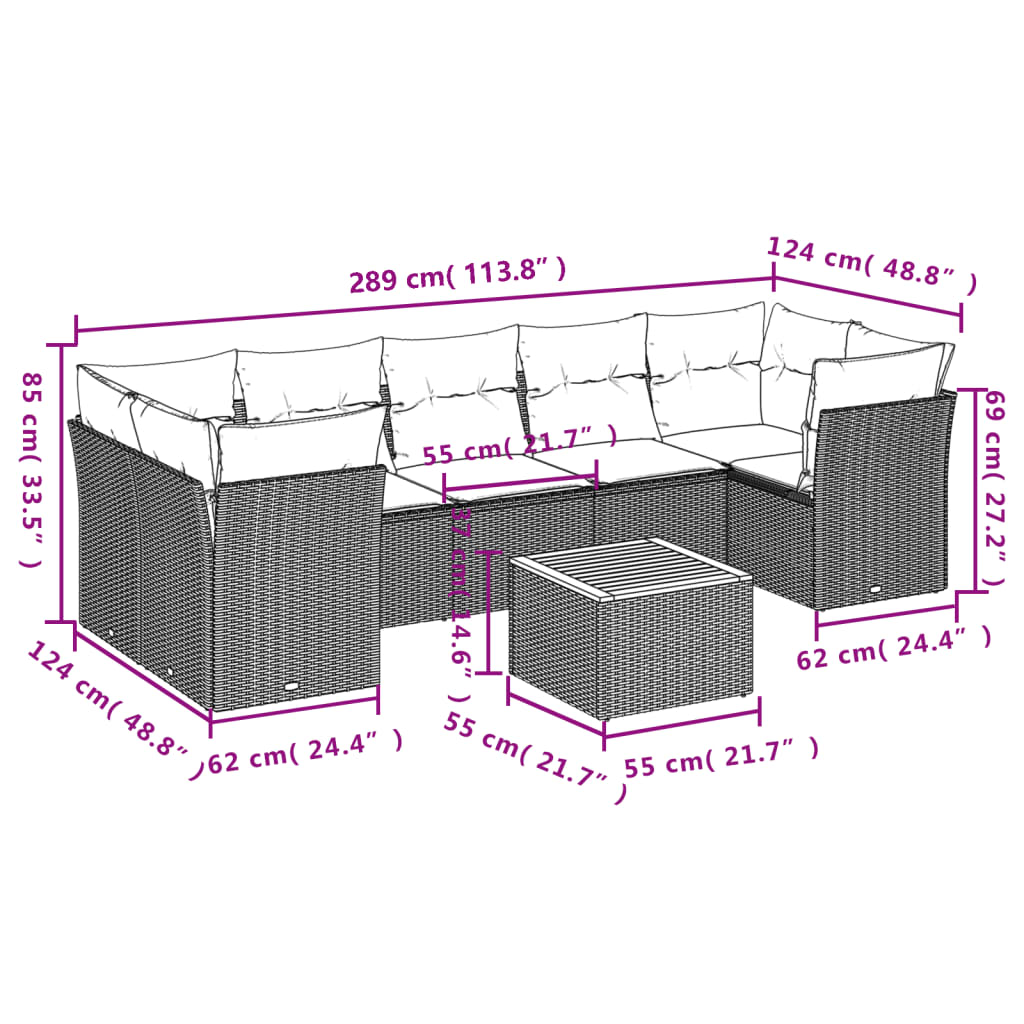 Set Divani da Giardino 8 pz con Cuscini Nero in Polyrattan | homemem39