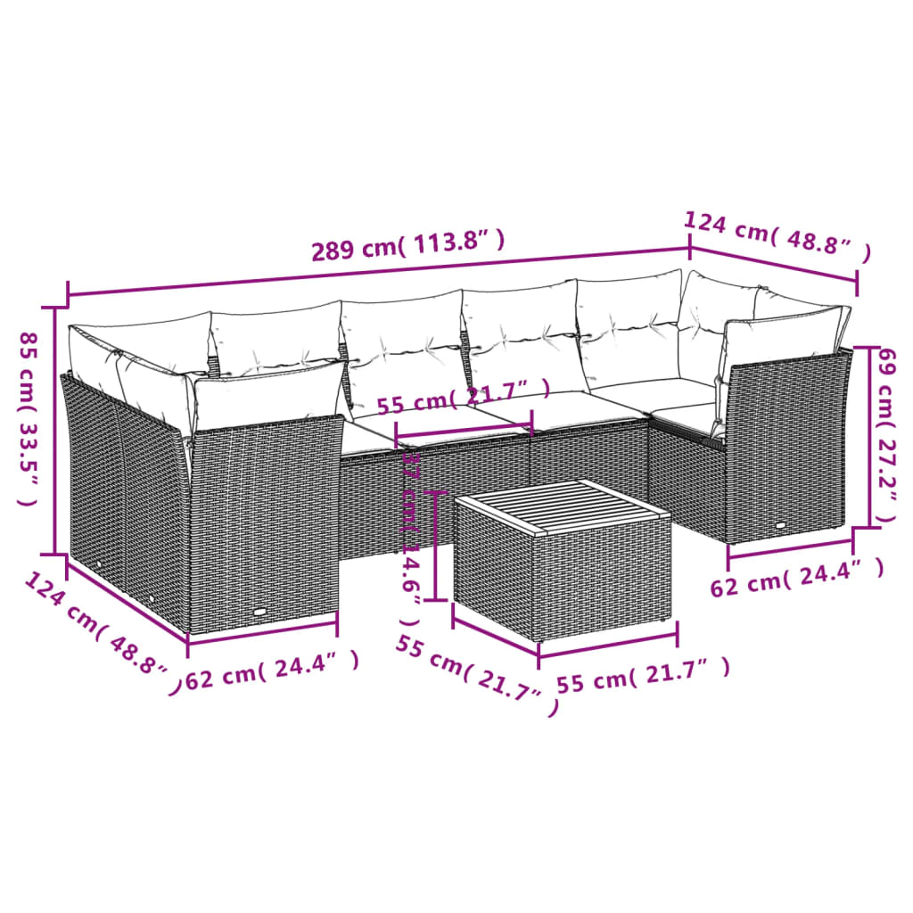 Set Divano da Giardino 8 pz con Cuscini Beige in Polyrattan | homemem39