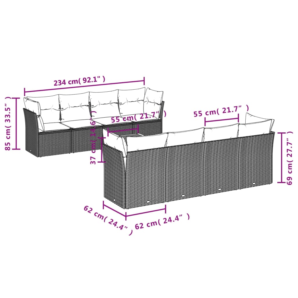 Set Divani da Giardino 9 pz con Cuscini Nero in Polyrattan | homemem39