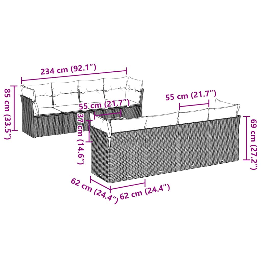 Set Divani da Giardino 9 pz con Cuscini Grigio in Polyrattan - homemem39
